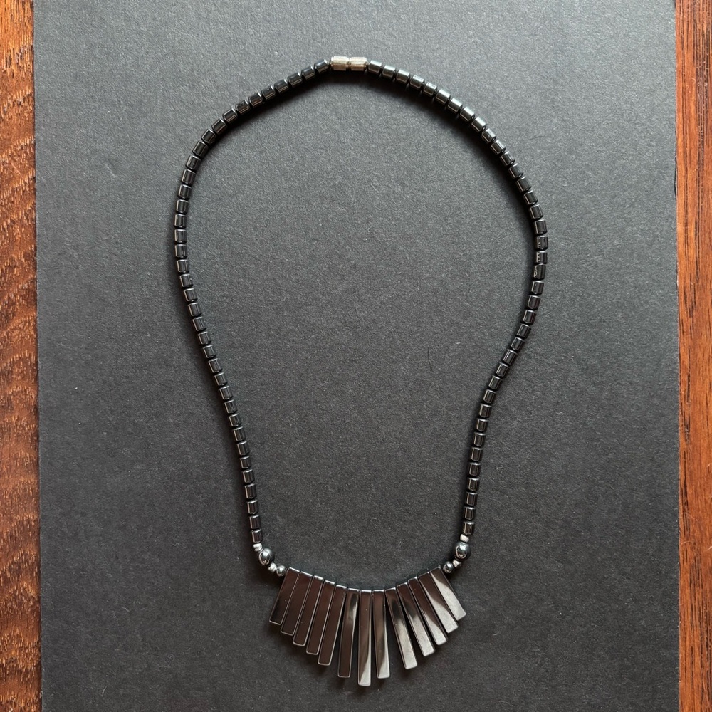 Vintage Hematite Graduated Bar Necklace Art Deco Gunmetal | Length 16 IN